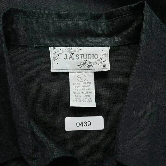 VTG JA Studio Dress Large Black Shift Midi Maxi Popover Button Collared Ramie - Picture 7 of 9